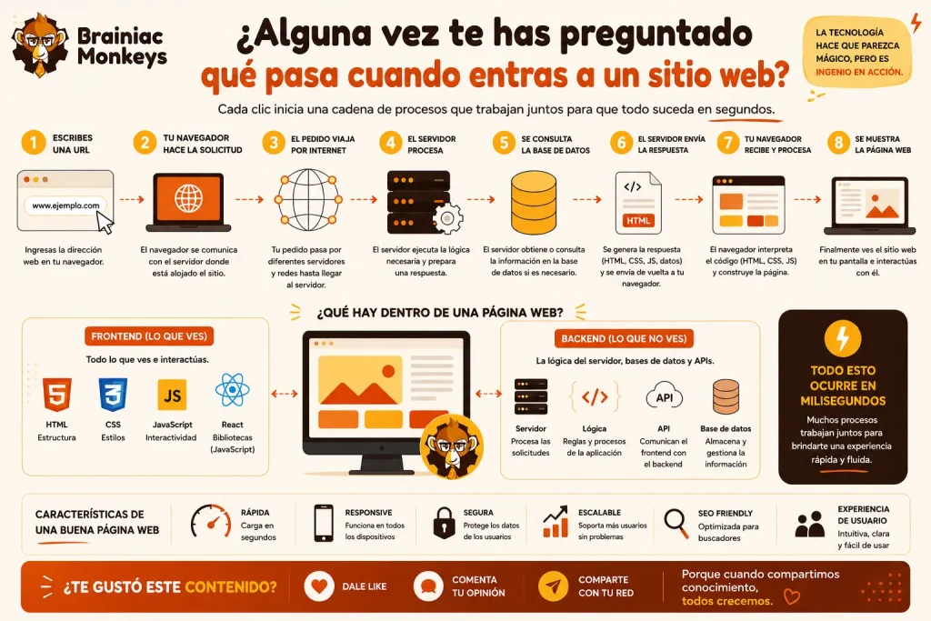Infografía de Brainiac Monkeys explicando cómo funciona una página web paso a paso.