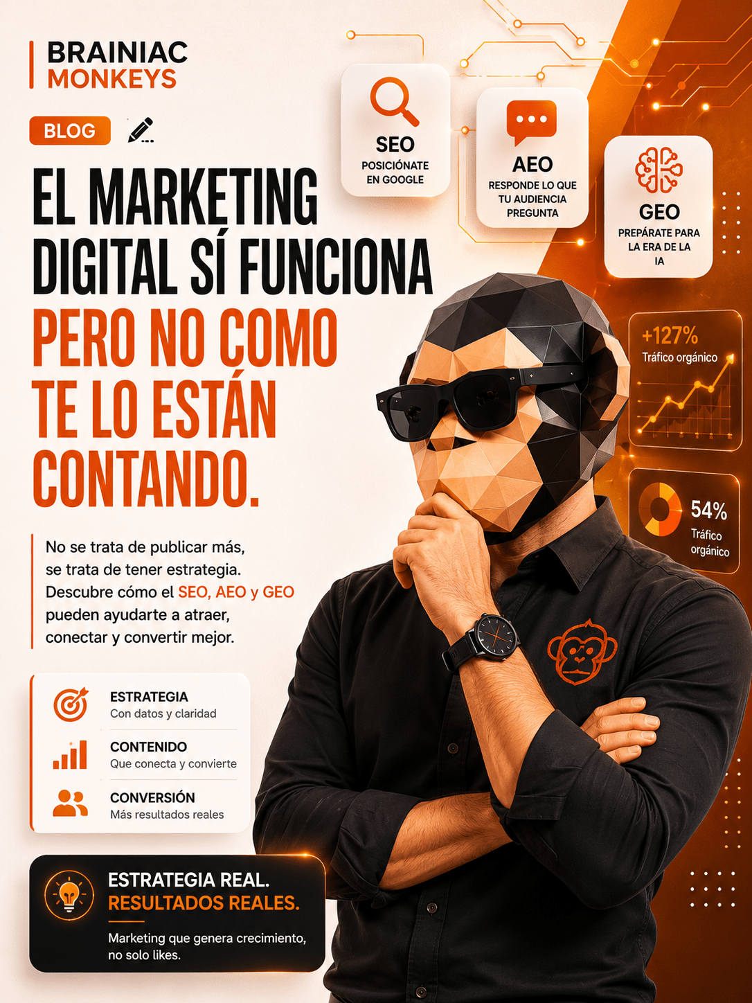 Portada sobre marketing digital, SEO, AEO y GEO con personaje corporativo en pose pensativa y elementos visuales de estrategia, posicionamiento y crecimiento digital.